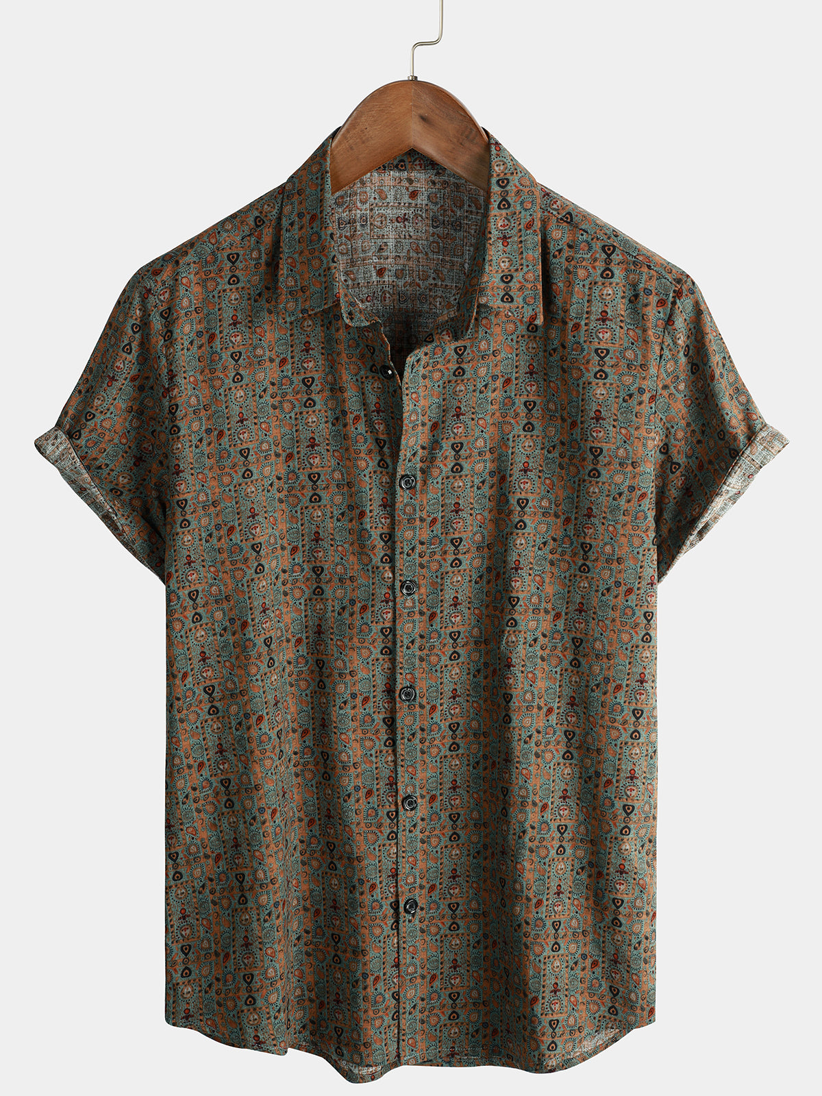 Men's Vintage Paisley Print 70s Button Up Green Boho Retro Tribal