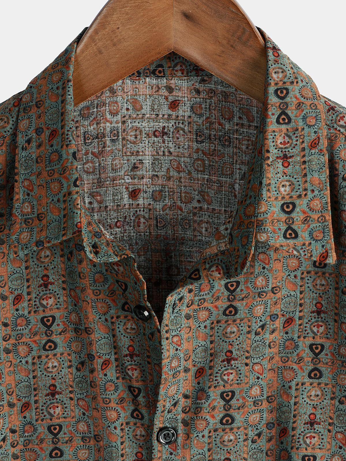 Men's Vintage Paisley Print 70s Button Up Green Boho Retro Tribal