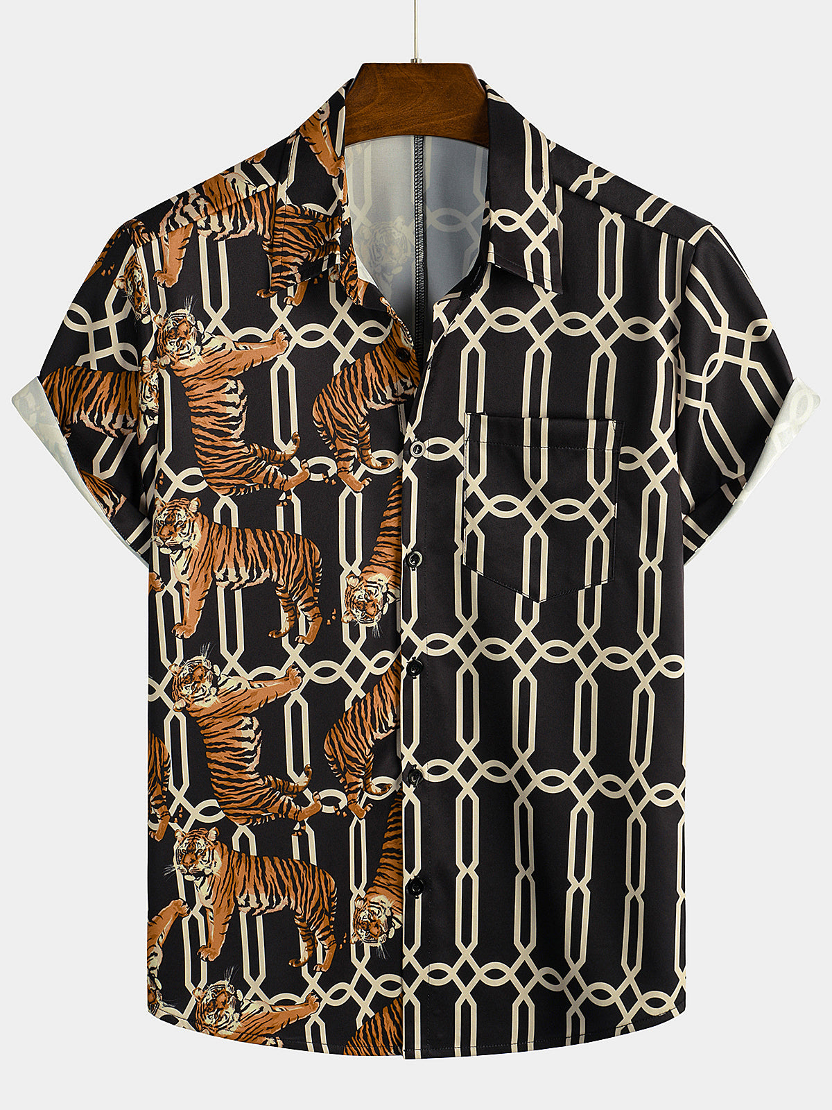 Men's Tiger Print Summer Pocket Short Sleeve Shirt
