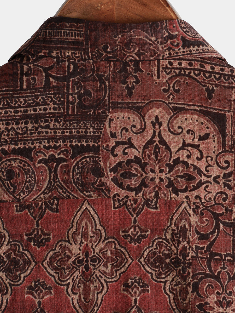 Vintage Floral Print Western Contrast Henley Neck T-shirt