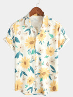 Men's Vacation Yellow Daisy Floral Print Casual Button Up Short Sleeve Shirt
