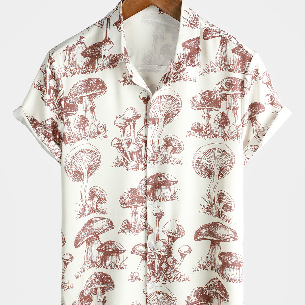 Men's Retro Mushroom Print Cute Summer 70s Beige Short Sleeve Button U ...