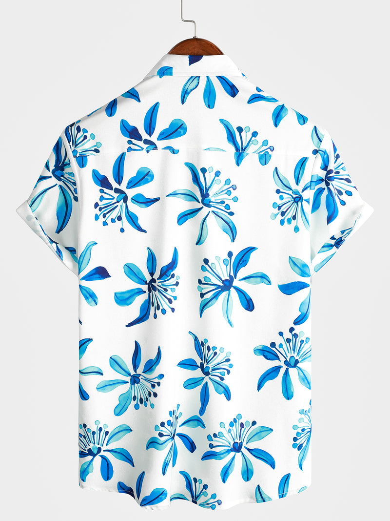 Men's Bule Flower Casual Floral Button Up Short Sleeve Summer Holiday Beach Shirt
