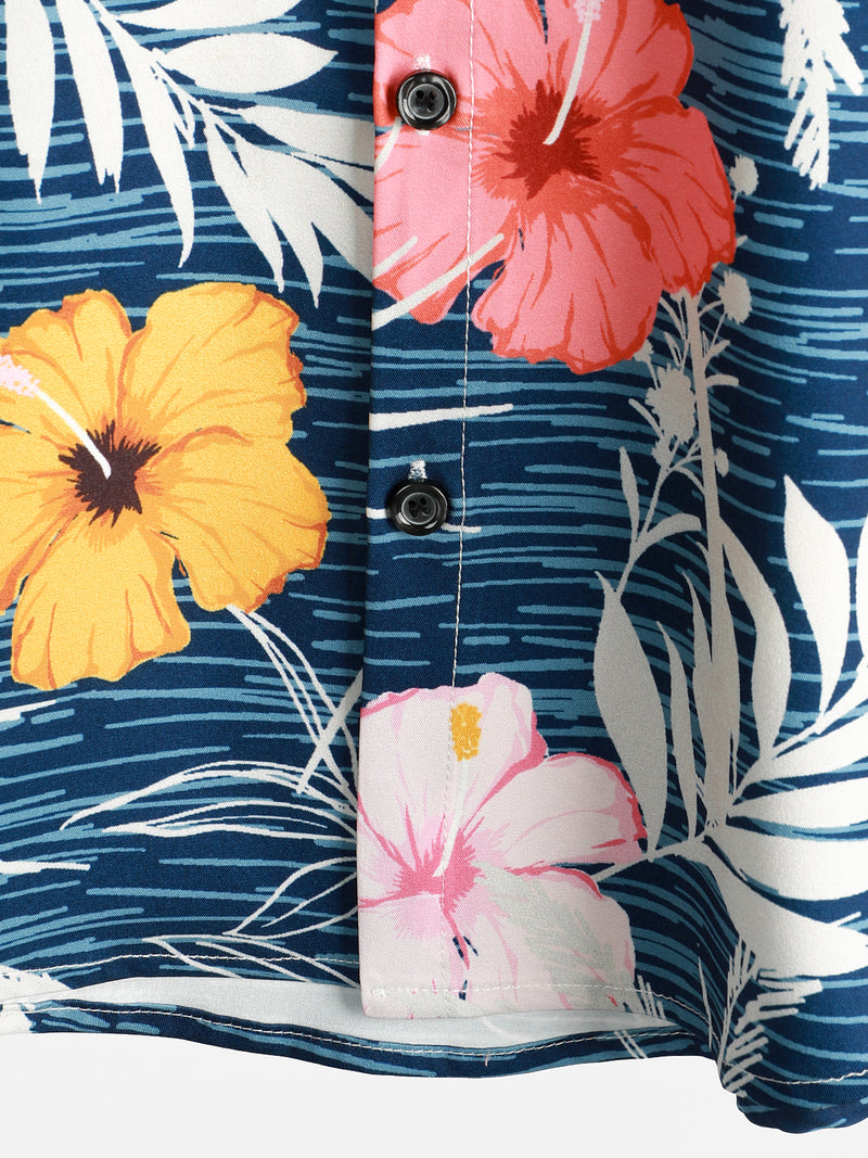 Men's Holiday Floral Beach Casual Flower Leaf Print Aloha Top Summer Cruise Blue Hawaiian Shirt