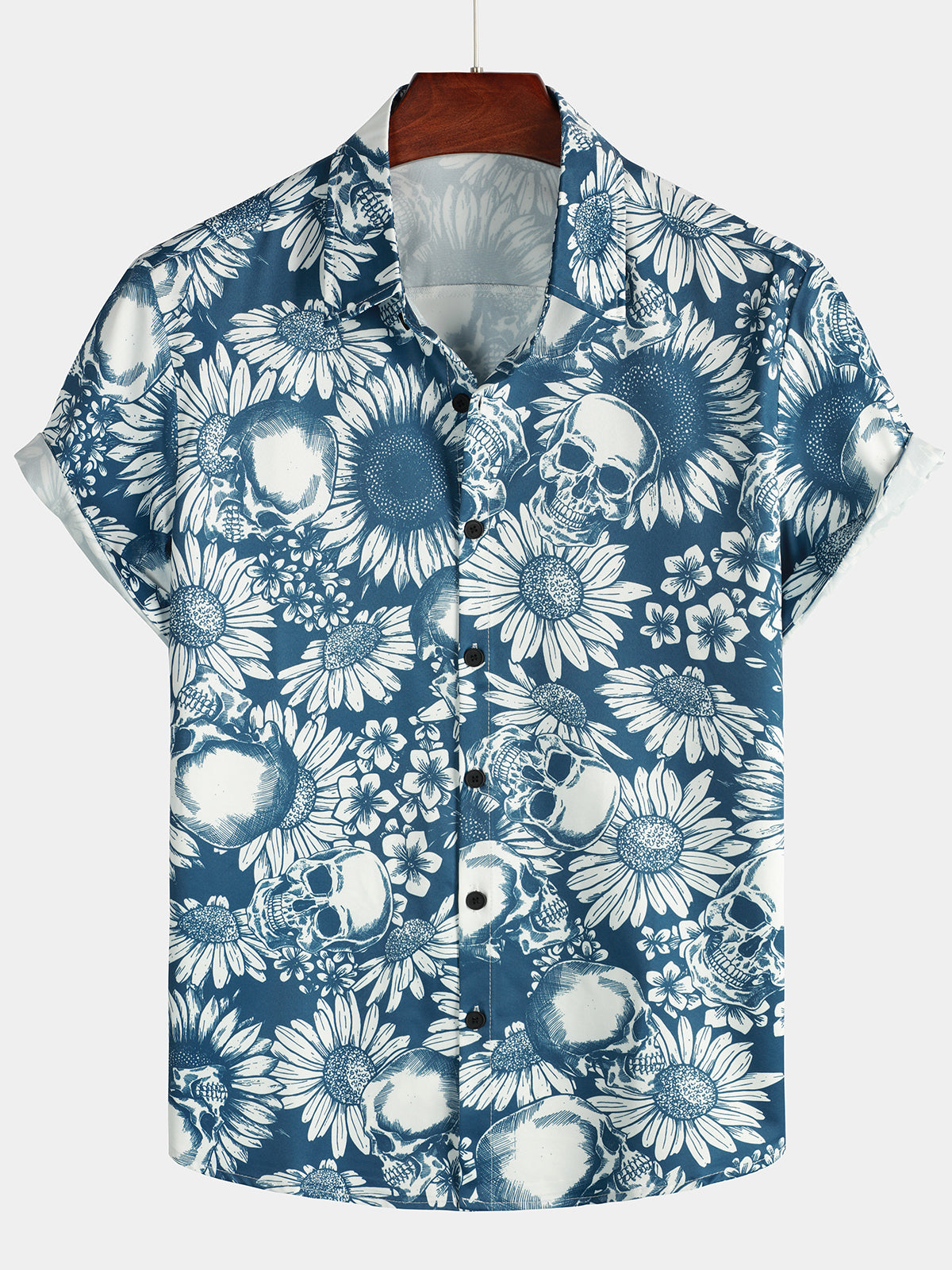 Men's Skull Sunflower Button Up Short Sleeve Art Flower Blue Rock and Roll Hawaiian Shirt