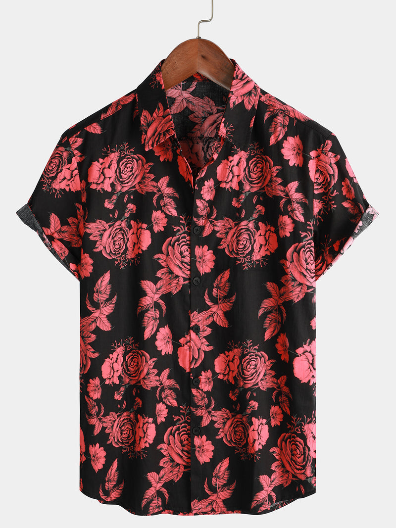 Men's Red Rose Flower Print Floral Holiday Casual Black Short Sleeve Shirt