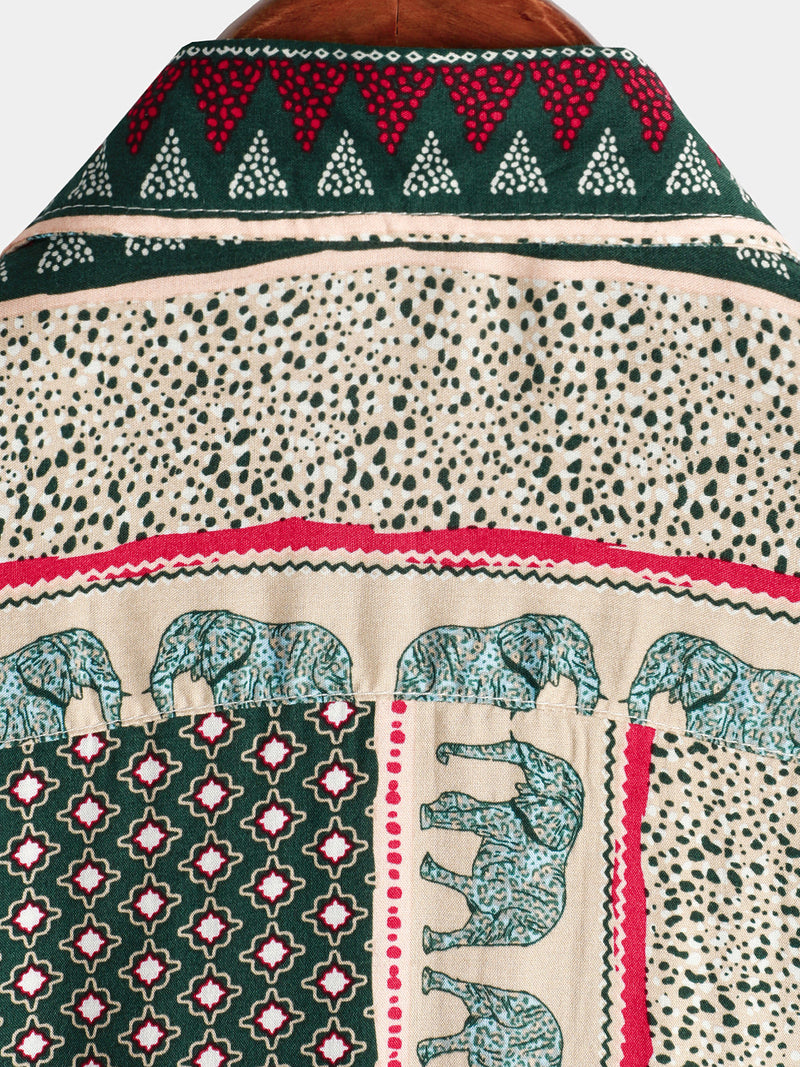 Bundle Of 2 | Men's Striped Elephant Print Retro Button Up Green Top Short Sleeve Shirt