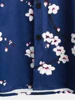 Men's Flower Graphic Print Casual Cherry blossom Button Navy Blue Short Sleeve Shirt