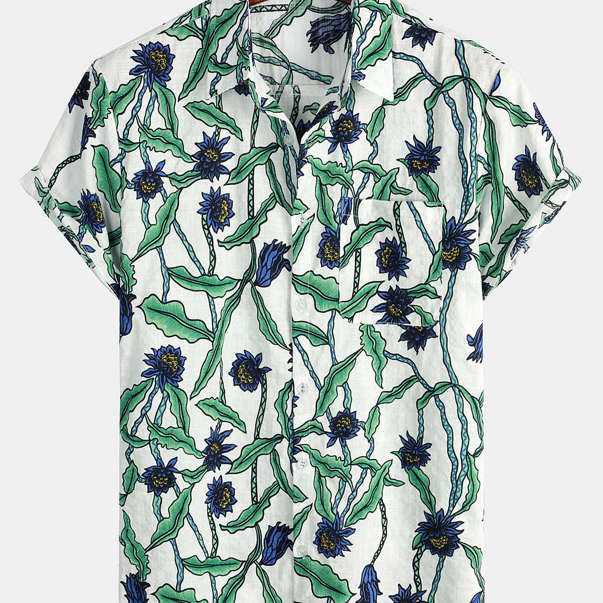 Men‘s Summer Floral Print Short Sleeve Casual Holiday Pocket Shirt
