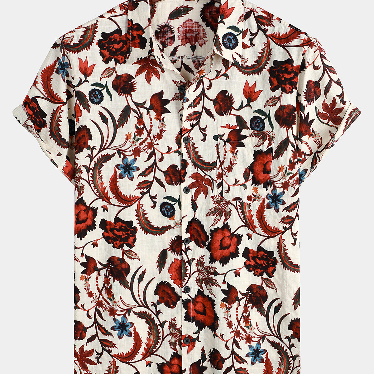 Men's Floral Print Short Sleeve Hawaiian Causal Pocket Shirt