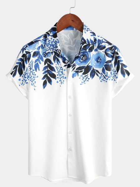 Men's Blue Floral Print Art Short Sleeve Beach Cool Holiday Button Up ...