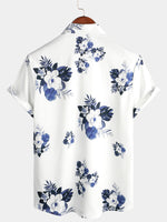 Men's Floral Holiday Summer Print Casual Button Up White Beach Short Sleeve Shirt