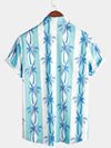 Men's Tropical Palm Tree Print White and Light Blue Striped Beach Short Sleeve Button Up Hawaiian Shirt