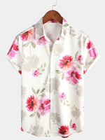 Men's Pink Floral Art Flower Holiday Short Sleeve Button Up Beach Hawaiian Shirt