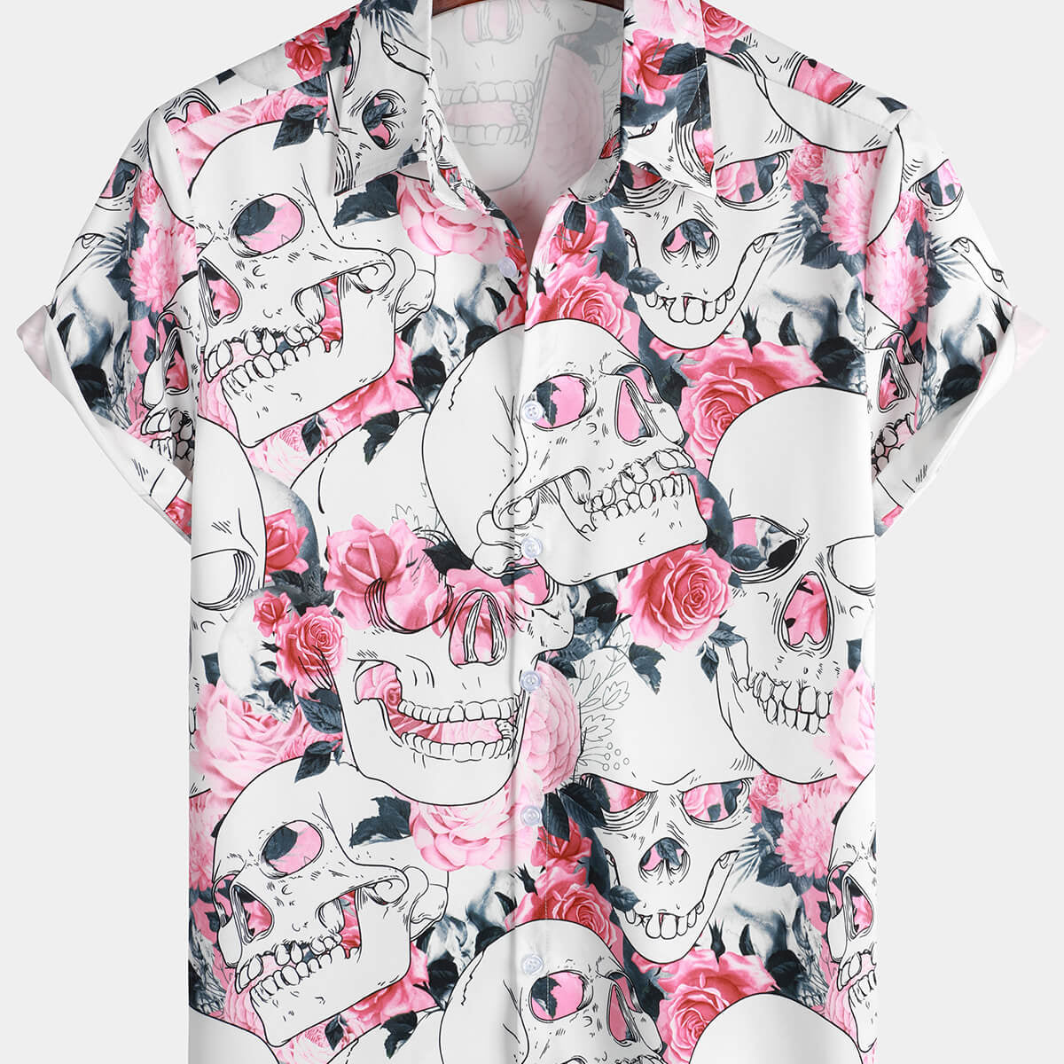 Men's Pink Rose Skull Floral Summer Party Love Art Short Sleeve Button up Hawaiian Shirt