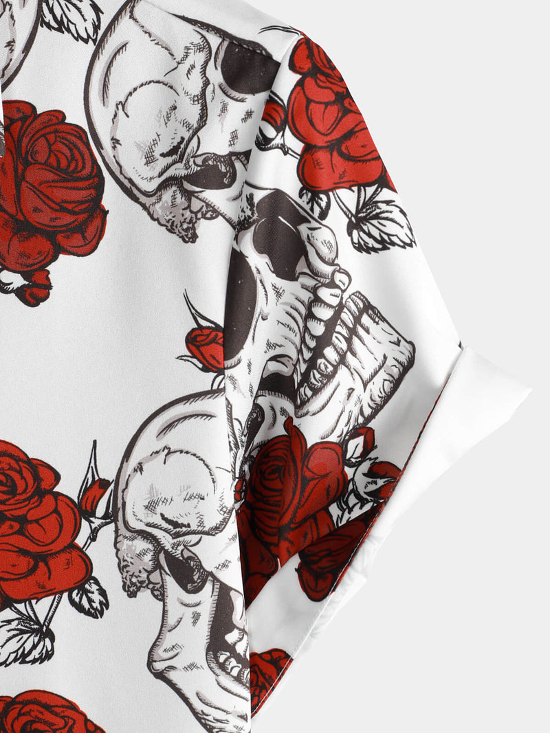Men's Red Rose Skull Floral Cool Art Short Sleeve Button Up Beach Hawaiian Shirt