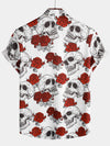 Men's Red Rose Skull Floral Cool Art Short Sleeve Button Up Beach Hawaiian Shirt
