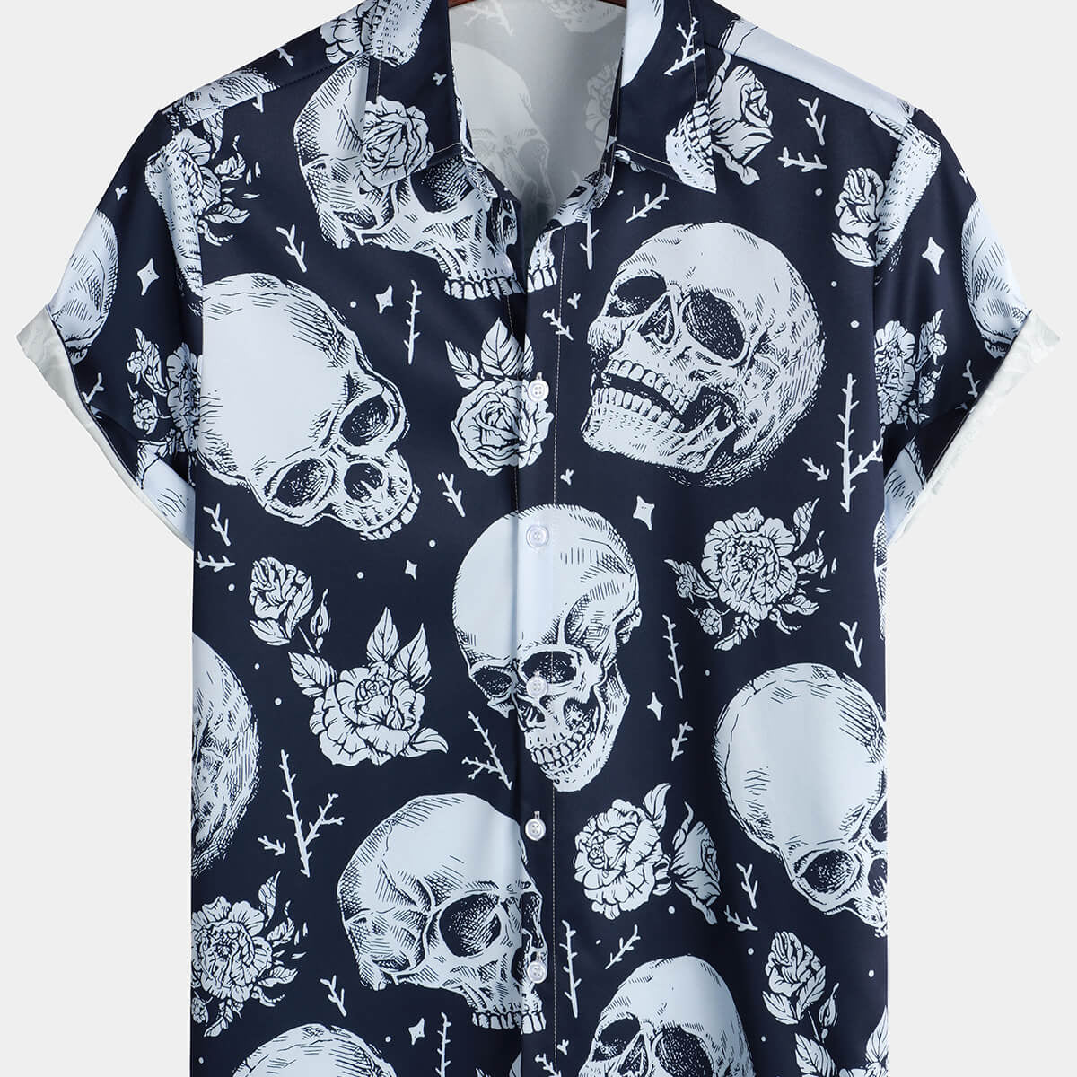 Men's Skull Rose Short Sleeve Beach Button Rock Hawaiian Navy Blue Shirt