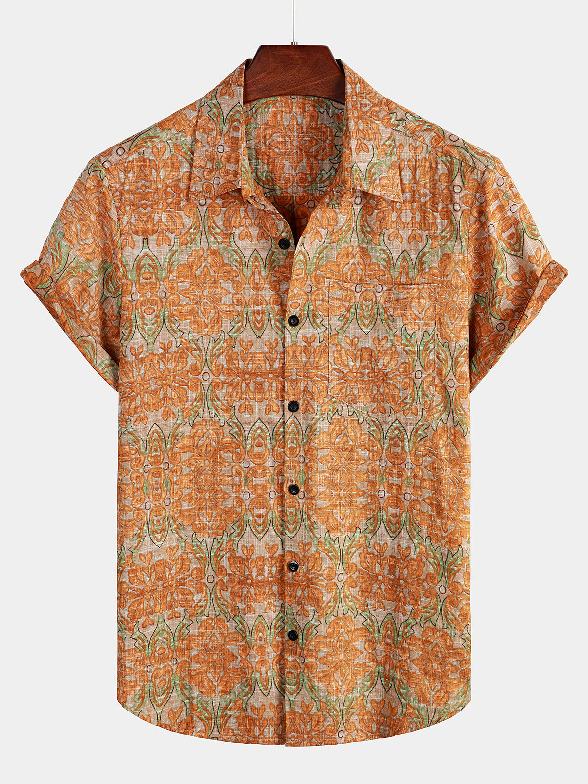 Men's Retro Casual Button Up Pocket Beach Vintage Orange Short Sleeve Shirt