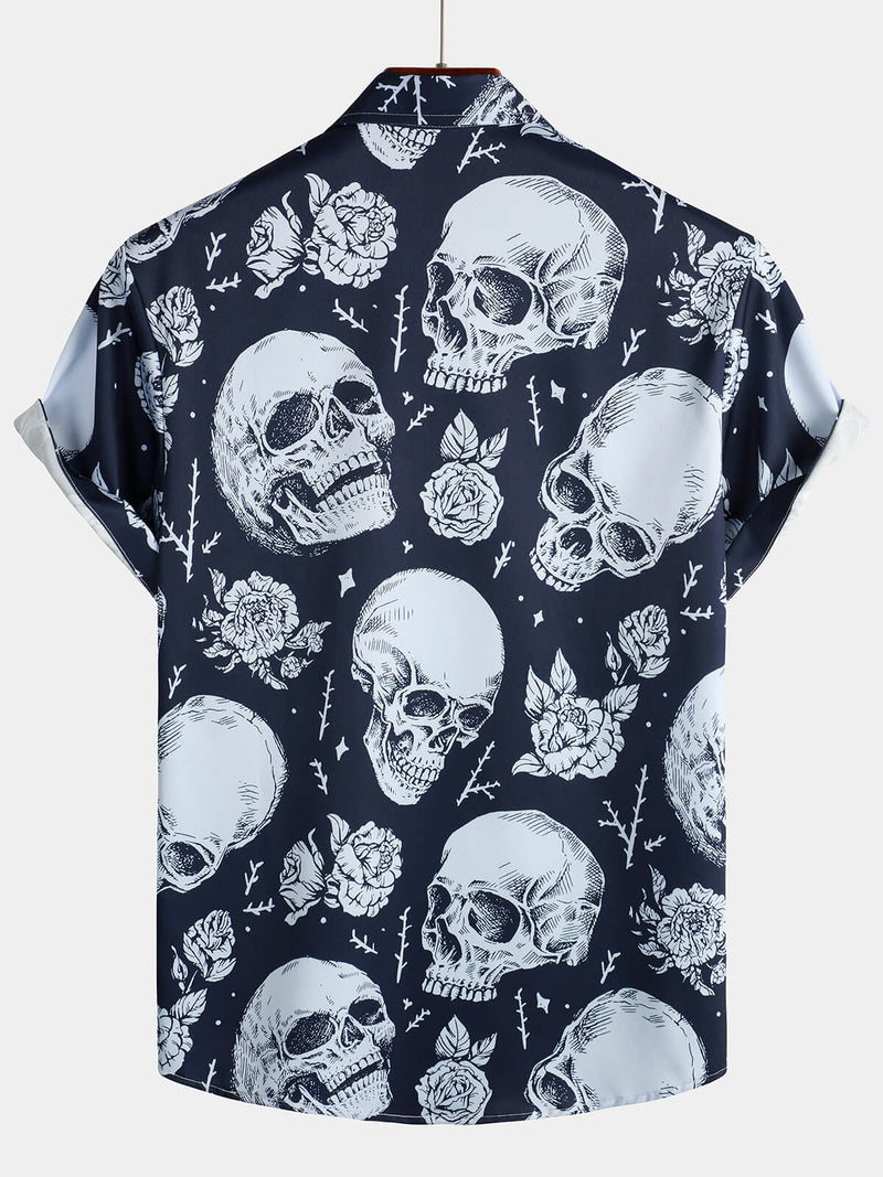 Men's Skull Rose Short Sleeve Beach Button Rock Hawaiian Navy Blue Shirt