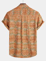 Men's Retro Casual Button Up Pocket Beach Vintage Orange Short Sleeve Shirt