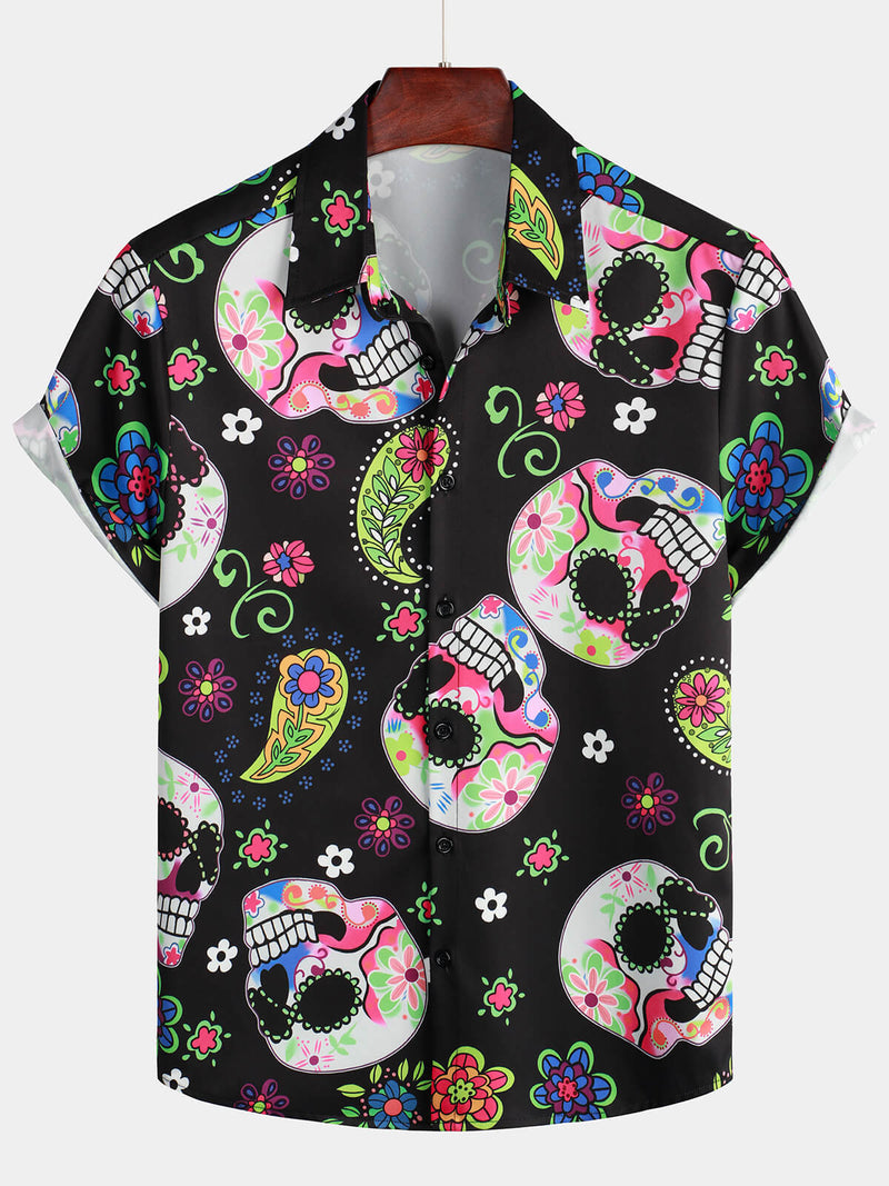 Men's Paisley Sugar Skull Floral Button Up Funny Black Hawaiian Short Sleeve Shirt