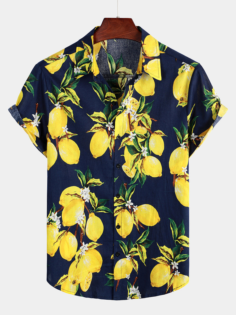 Men's Tropical Yellow Lemon Print Hawaiian Short Sleeve Shirt – Atlanl