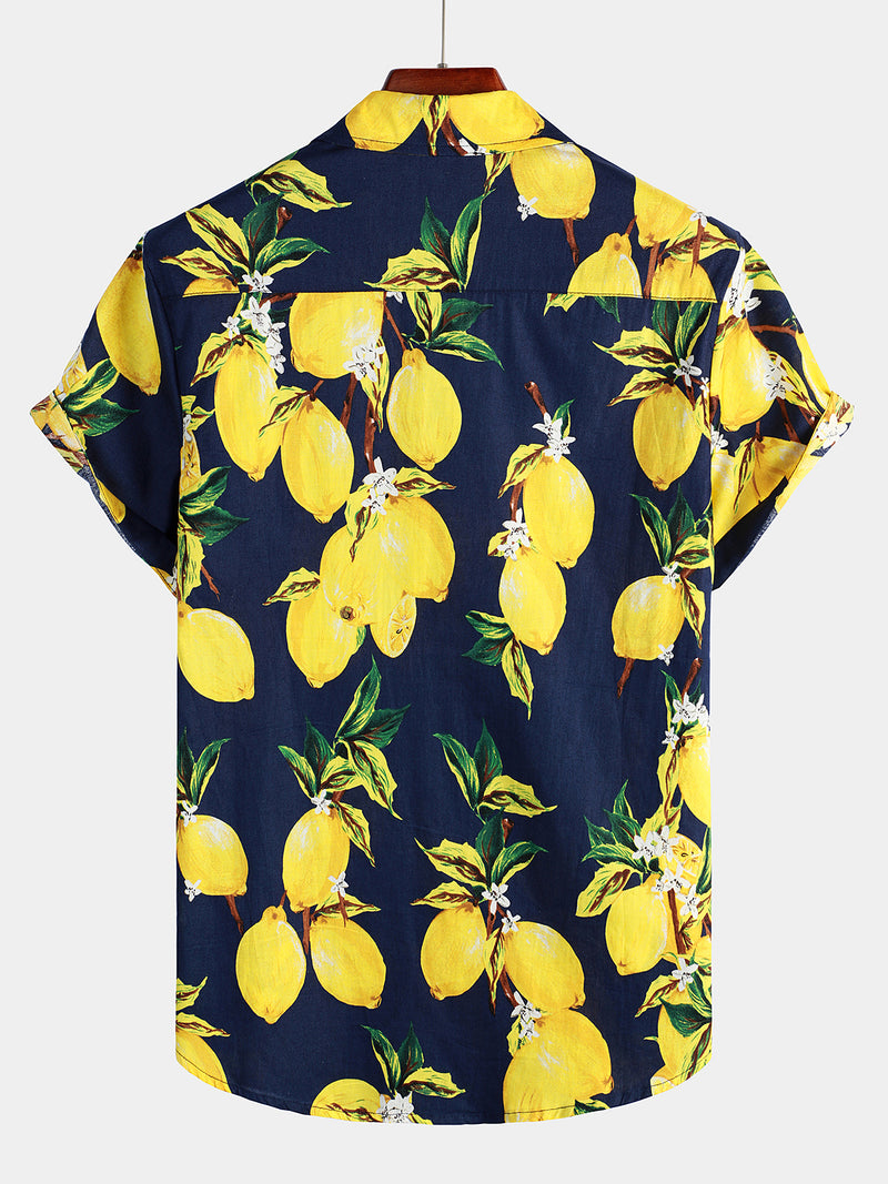 Men's Tropical Yellow Lemon Print Hawaiian Short Sleeve Shirt – Atlanl
