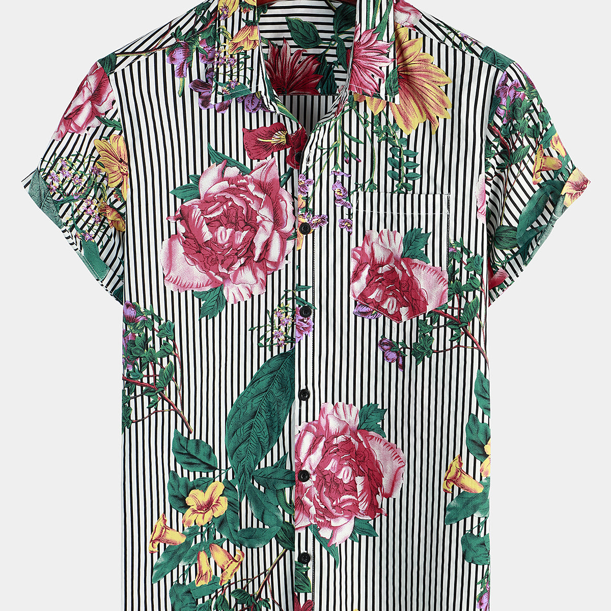 Men's Striped & Floral Print Short Sleeve Hawaiian Shirt