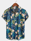 Men's Blue Hawaiian Flower Plant Leaf Cotton Camp Collar Button up Short Sleeve Aloha Shirt