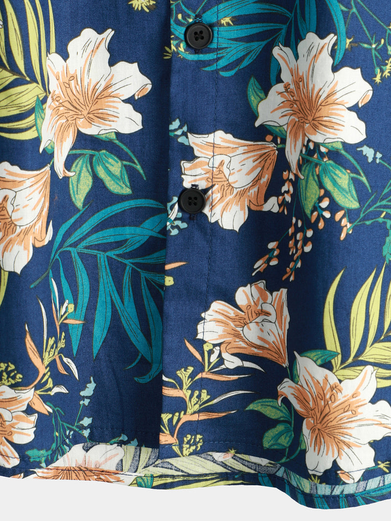 Men's Blue Hawaiian Flower Plant Leaf Cotton Camp Collar Button up Short Sleeve Aloha Shirt