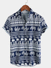Men's Tribal Graphic Elephant Palm Tree Print Tropical Top Button Up Navy Blue Short Sleeve Shirt