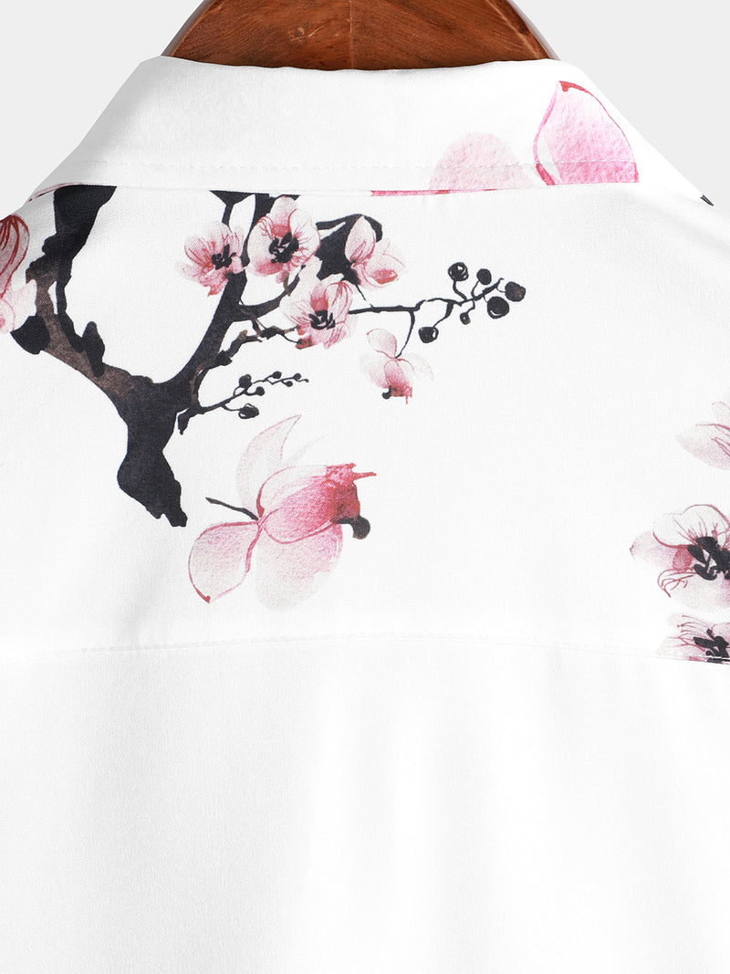 Men's Casual Pink Floral Print Summer Button Up Flower Short Sleeve Cherry Blossom Shirt