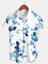 Men's Blue Rose Floral Print Beach Button Up Flower Short Sleeve Shirt