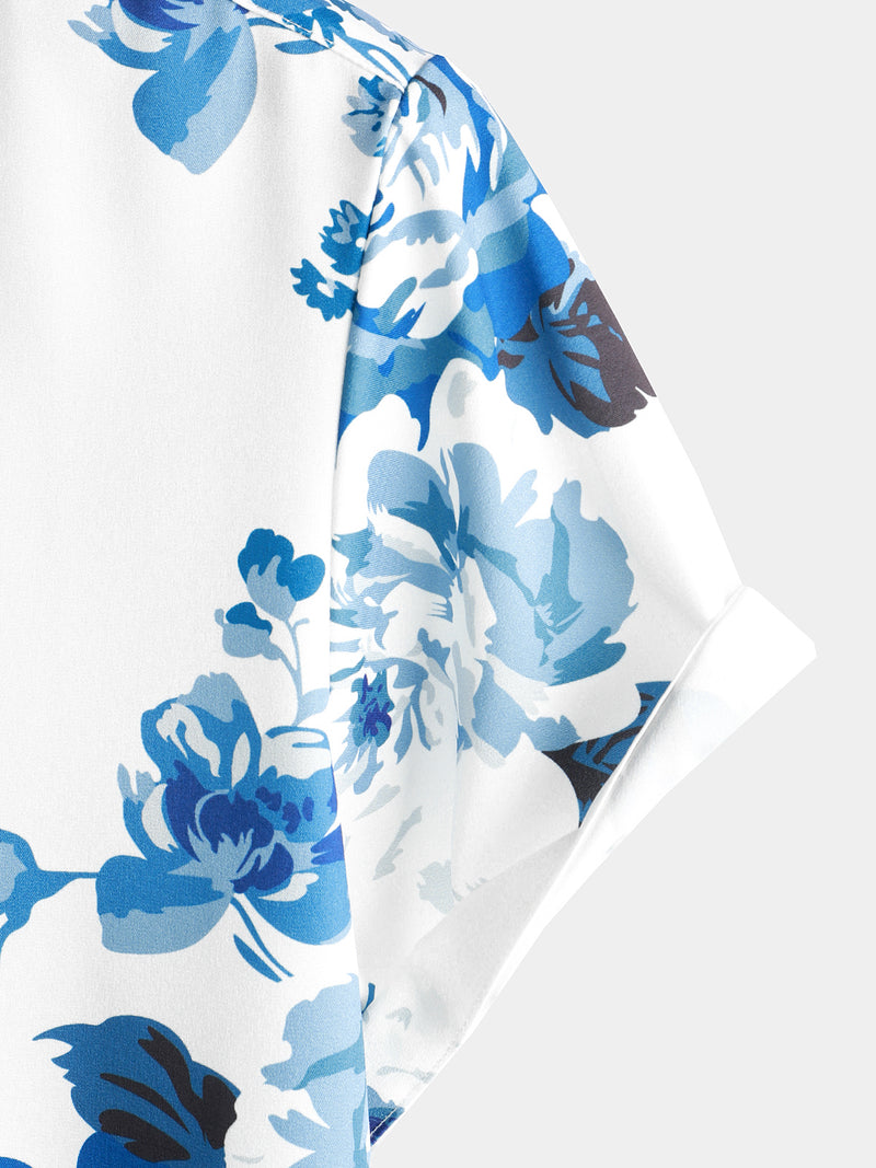 Men's Blue Rose Floral Print Beach Button Up Flower Short Sleeve Shirt