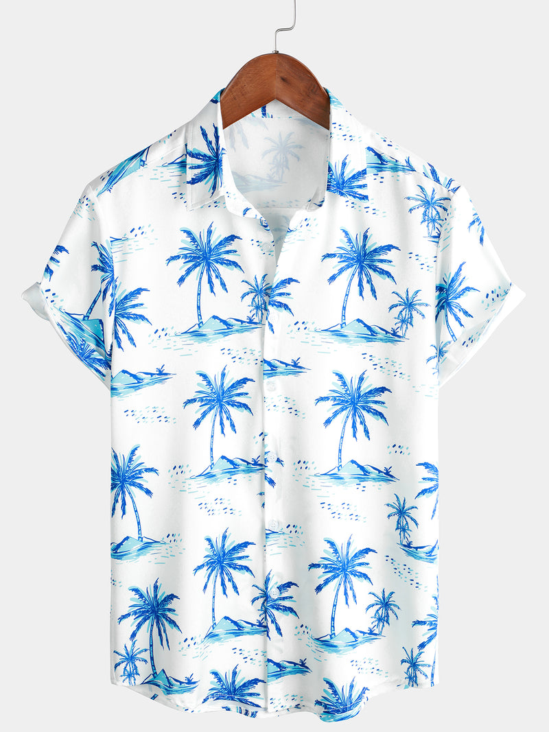 Men's Island Palm Tree Tropical Summer Button Up Short Sleeve Casual Beach Hawaiian Shirt