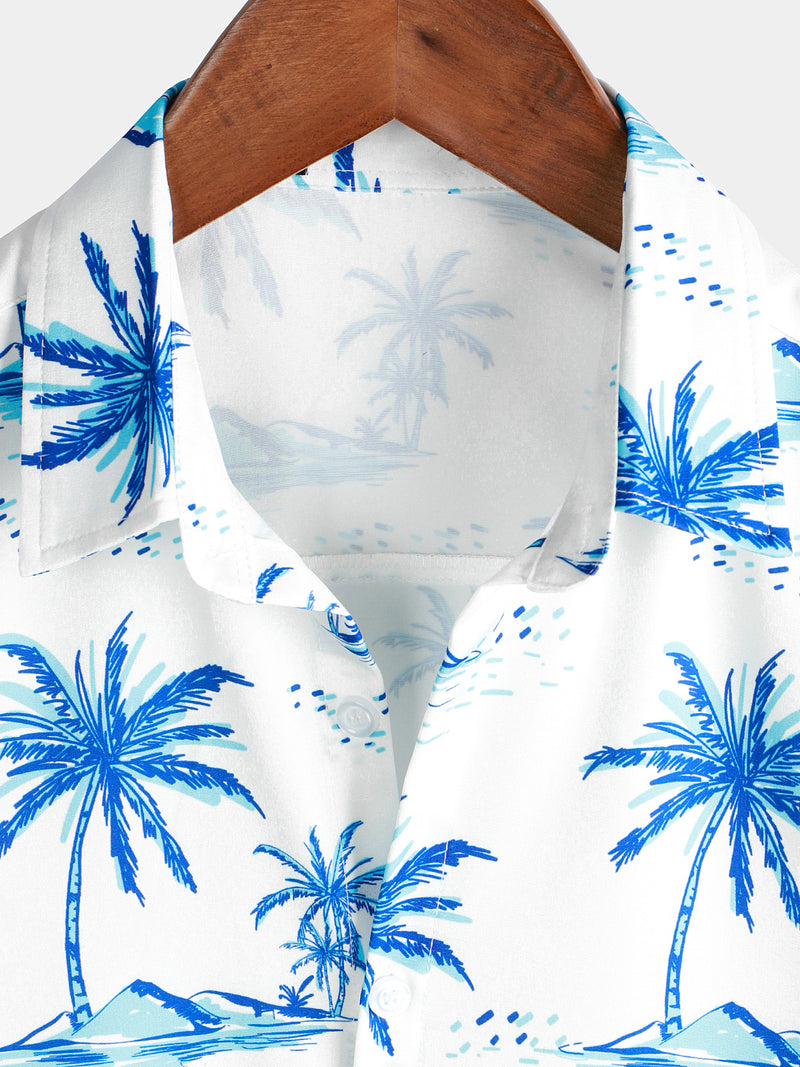 Men's Island Palm Tree Tropical Summer Button Up Short Sleeve Casual Beach Hawaiian Shirt