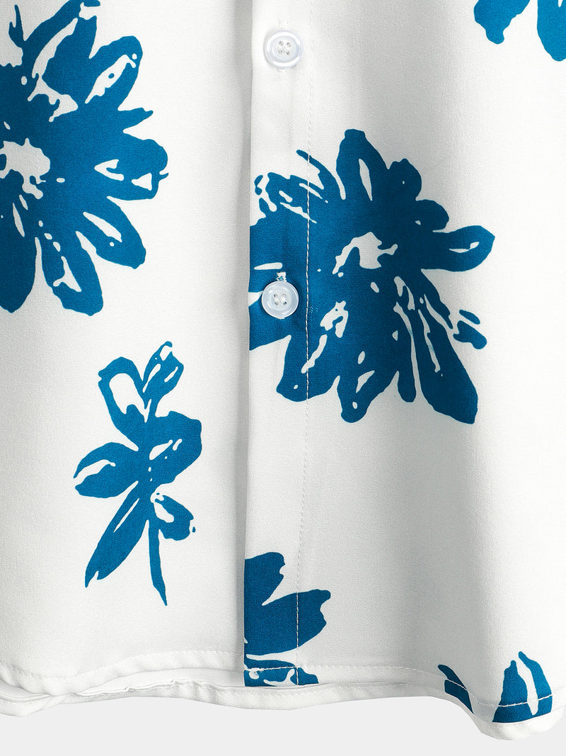 Men's Blue Floral Print Beach Holiday Button Short Sleeve White Lapel Shirt