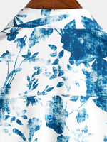 Men's Blue Vintage Floral Cotton Flower Button Up Short Sleeve Shirt