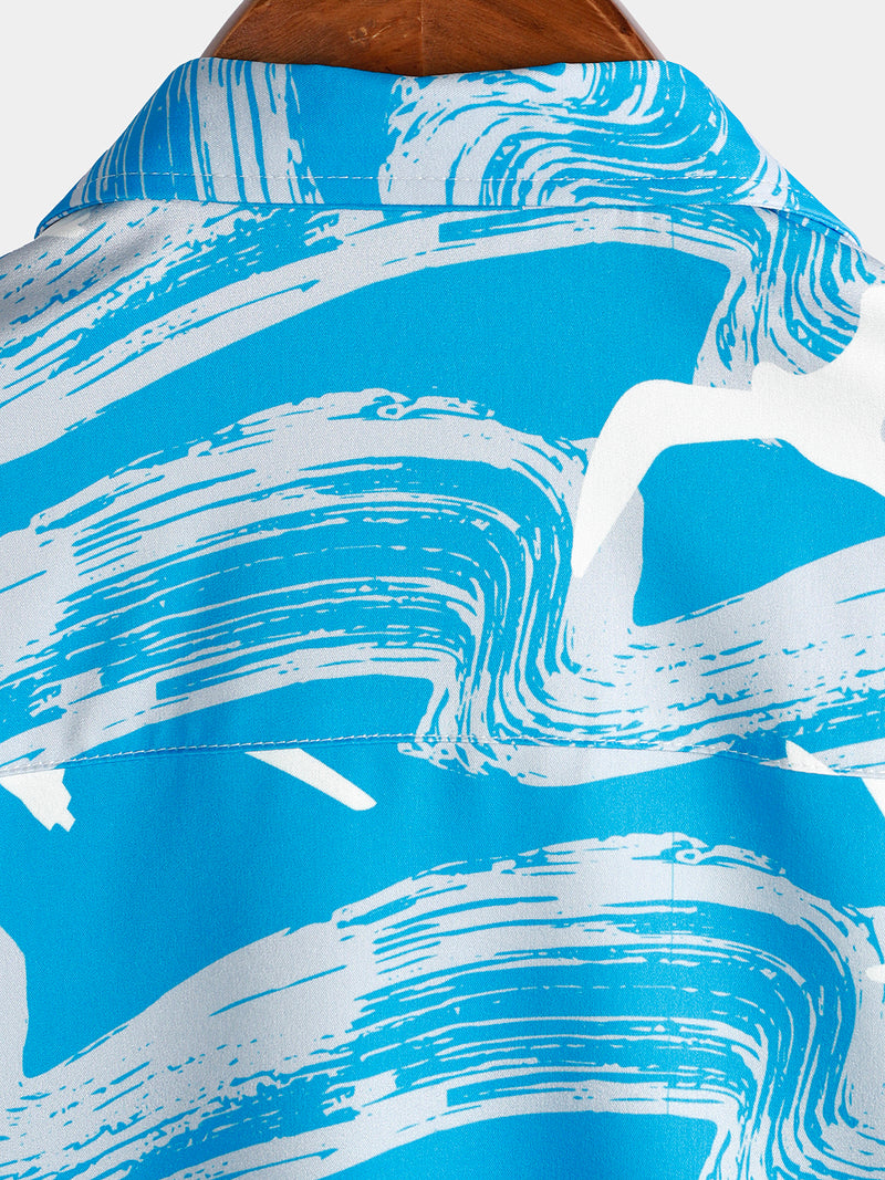 Men's Blue Waves Ocean Print Summer Party Button Hawaiian Holiday Short Sleeve Shirt