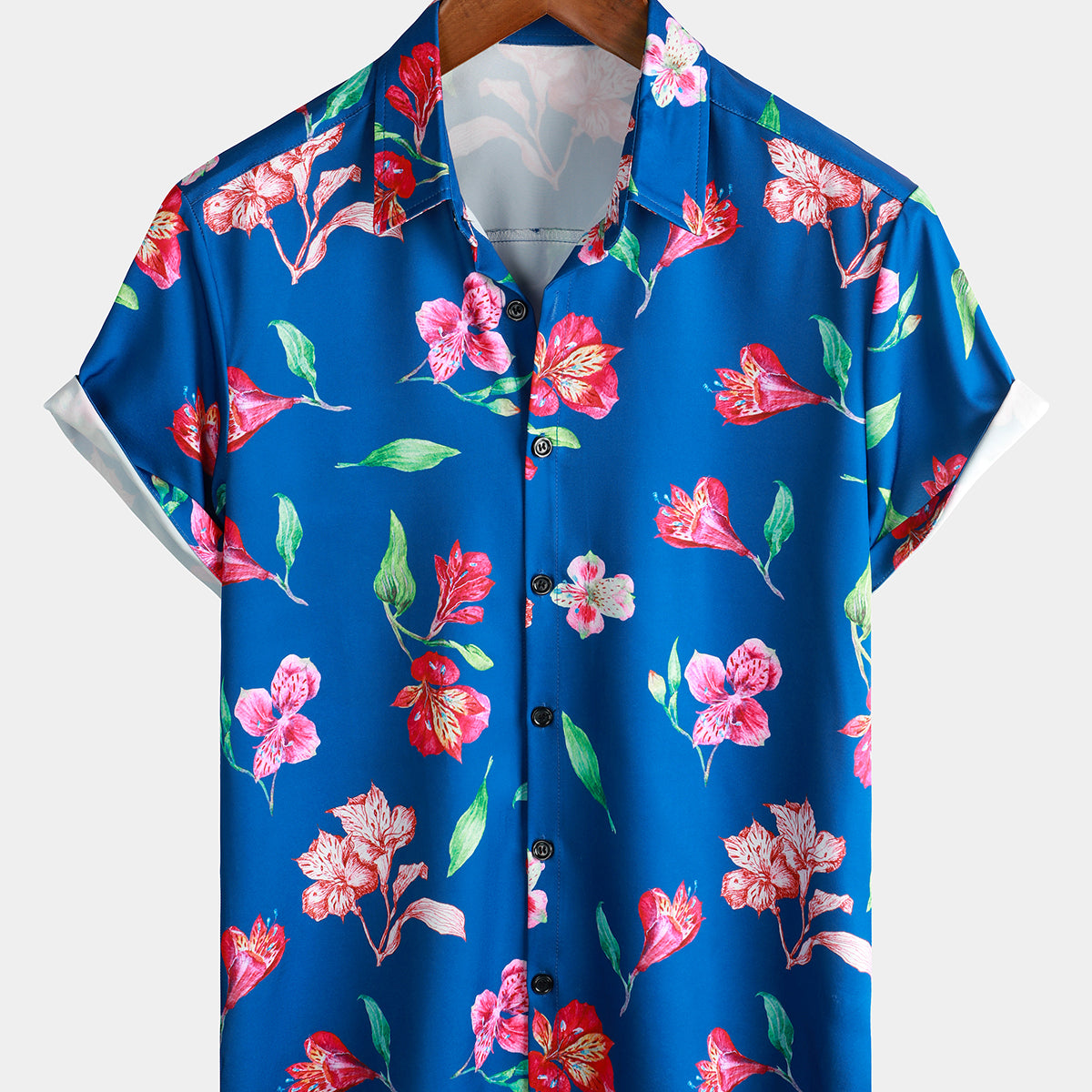 Men's Floral Blue Summer Button Up Flower Short Sleeve Art Beach Hawaiian Shirt