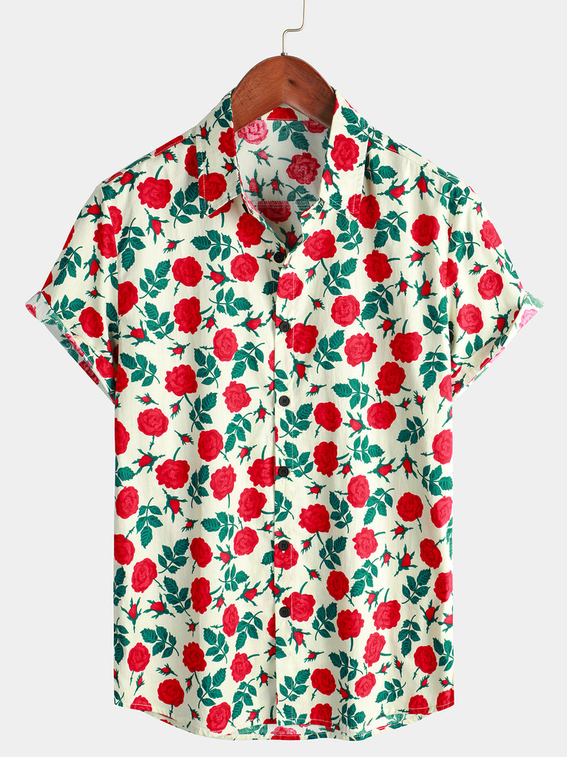 Men's Rose Print Cotton Breathable Beach Summer Button up Beige Short Sleeve Shirt