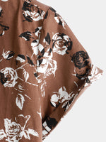 Men's Retro Brown Rose Floral Print Button Up Hawaiian Holiday Short Sleeve Shirt