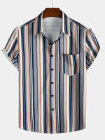 Mens Colorful Stripe Pattern Lapel Short Sleeve Casual Shirts