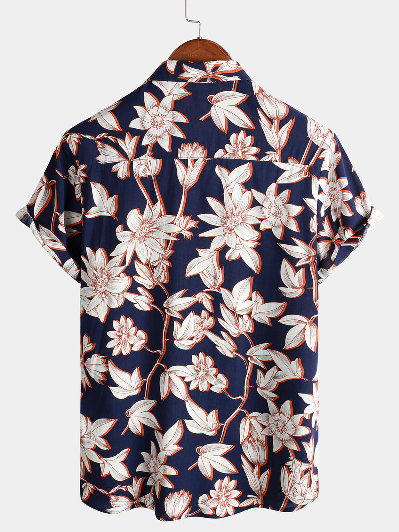 Men's Summer Floral Print Vintage Navy Blue Flower Holiday Short Sleeve Button Up Shirt