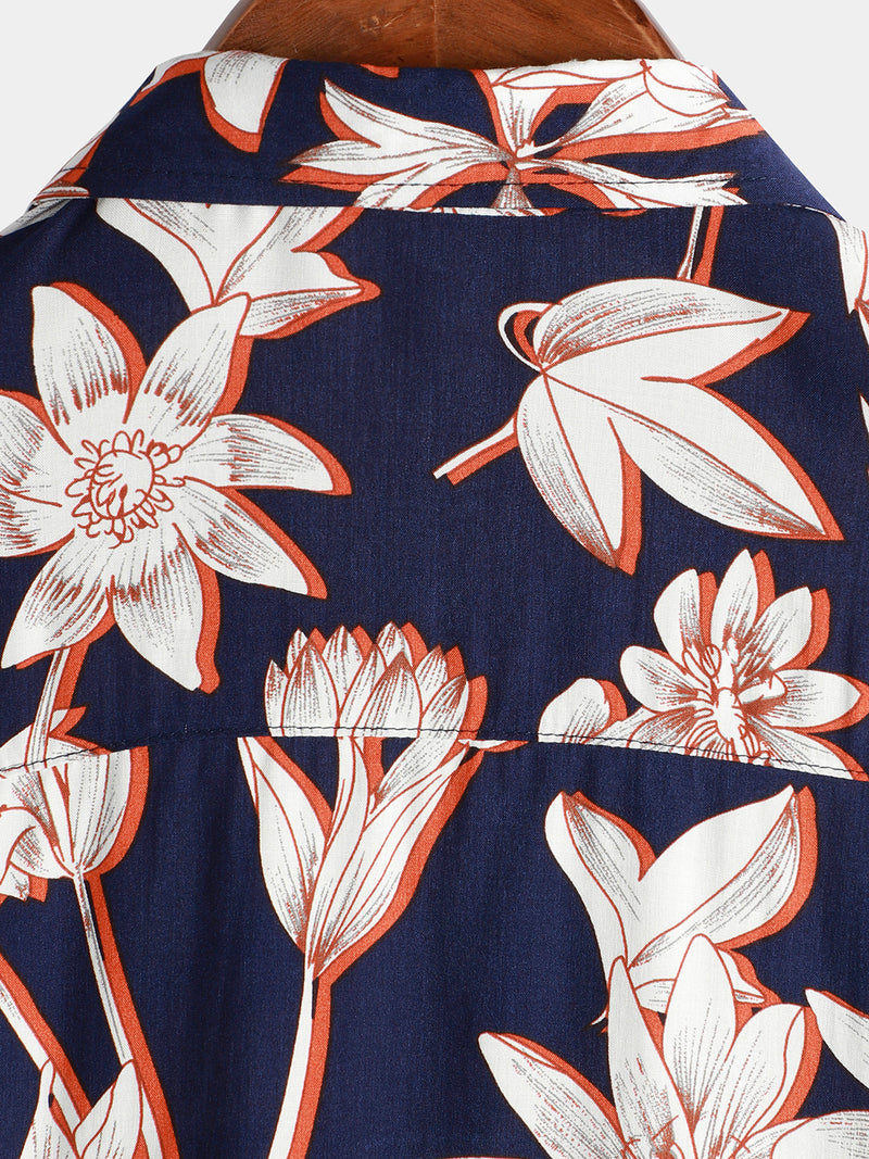 Men's Summer Floral Print Vintage Navy Blue Flower Holiday Short Sleeve Button Up Shirt