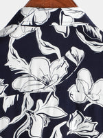 Men's Summer Floral Print Navy Blue and White Flower Holiday Short Sleeve Button Shirt