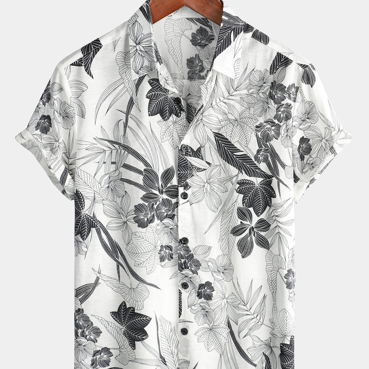 Men's Tropical Floral Print Button Up Beach Black and White Flower Short Sleeve Hawaiian Shirt