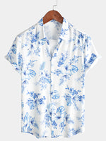 Men's Blue Floral Print Button Up Beach Hawaiian Flower Cruise Short Sleeve Casual Beach Shirt