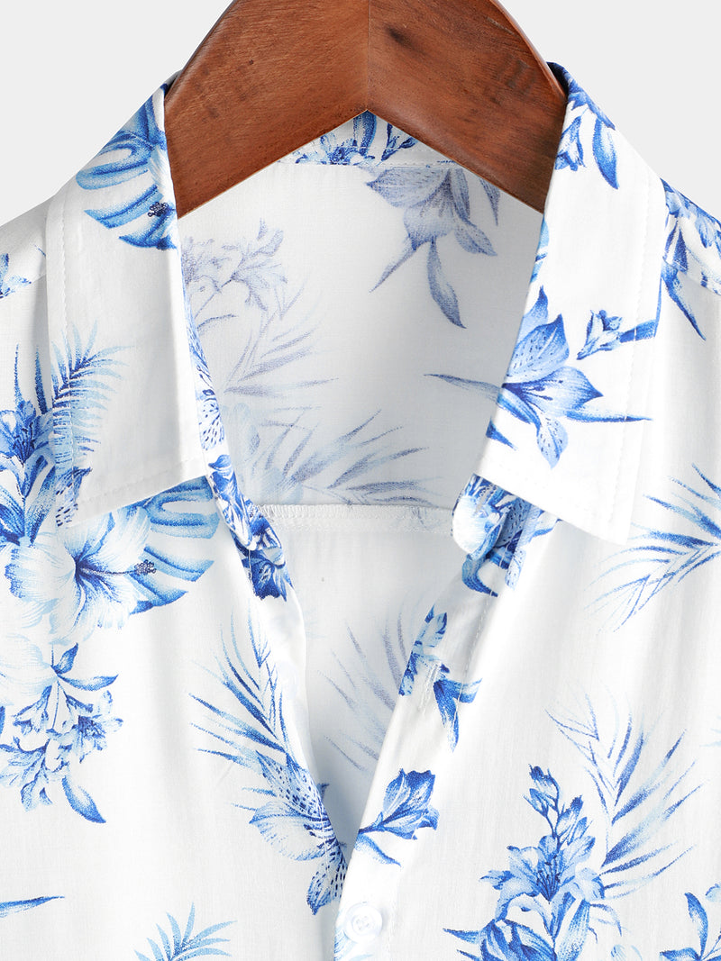 Men's Blue Floral Print Button Up Beach Hawaiian Flower Cruise Short Sleeve Casual Beach Shirt